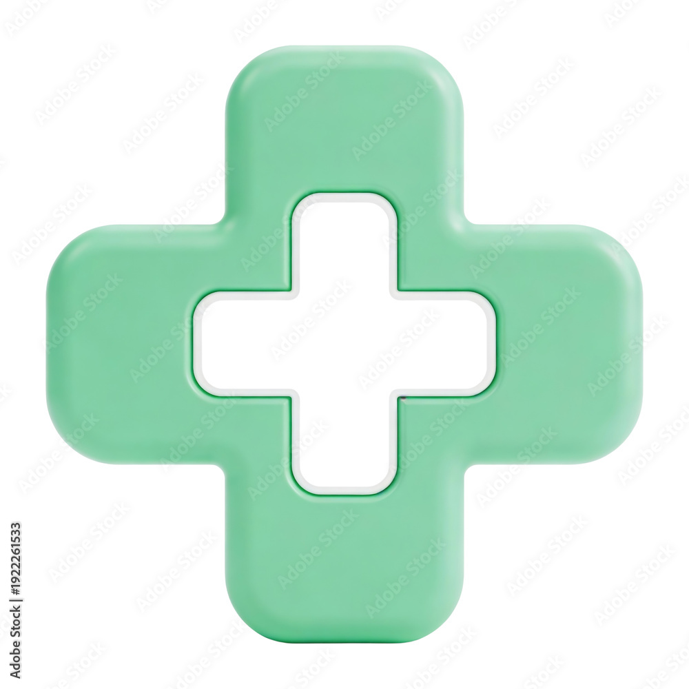 Fototapeta premium Green 3D medical cross icon with dark center isolated on transparent background. Professional health symbol for medical applications, pharmacy, hospital, and emergency healthcare services.