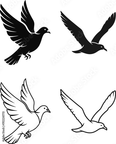 Four birds flying in different directions black and white illustration vector art Vector