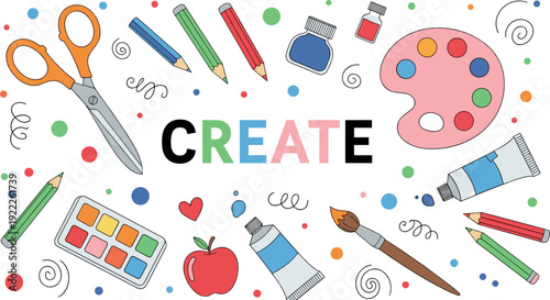 Create art supplies illustration with brushes palette pencils scissors and paint colorful flat vector design for creativity education posters
