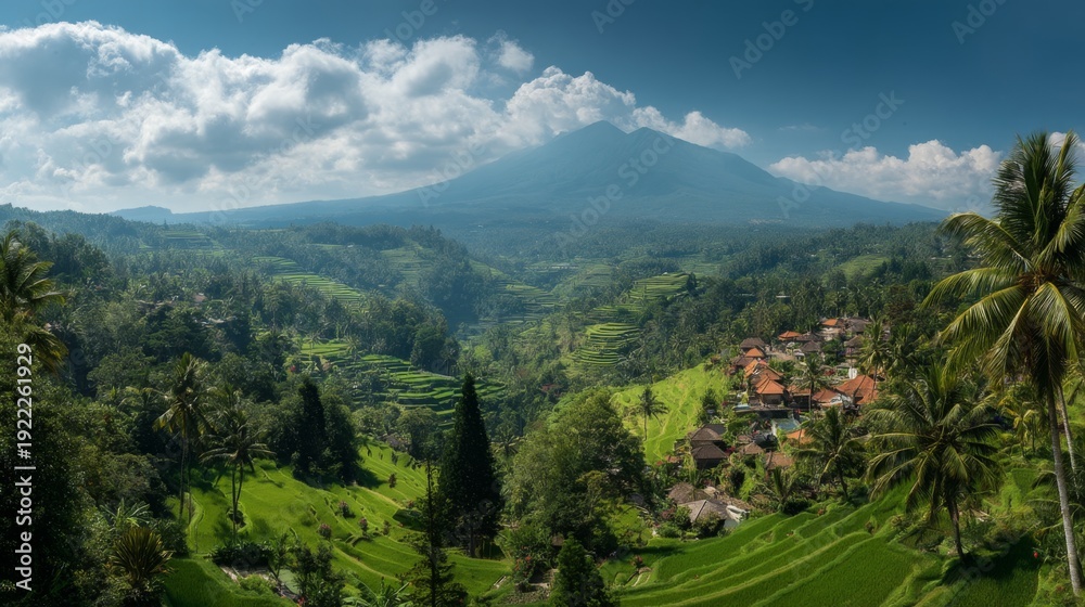 Obraz premium Lush Green Rice Terraces Under Bright Blue Sky with Majestic Volcano in Background, Scenic View of Nature's Beauty and Tranquility in Bali
