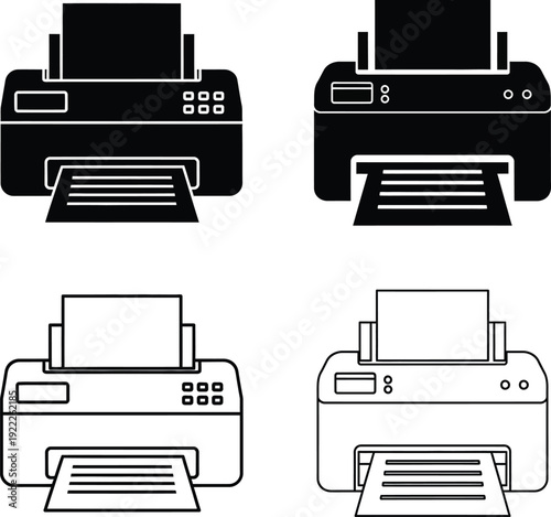 Four different printers icons set, vector illustration, black and white printer design Vector