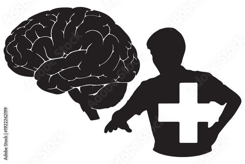 Human brain silhouette icon with a human figure and medical cross, symbolizing mental health treatment and psychiatric care