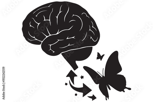 Human brain silhouette icon with a butterfly and arrows, representing brain plasticity, transformation, and personal growth