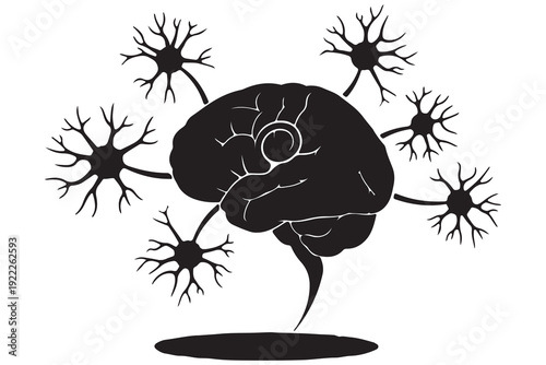 Human brain silhouette icon surrounded by neuron cells, symbolizing neural networks, nervous system, and brain connectivity