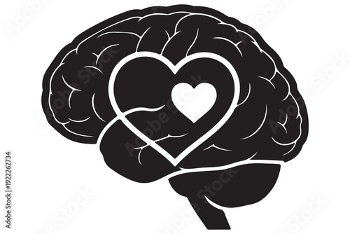 Human brain silhouette icon with a heart symbol inside, representing emotional intelligence, empathy, and the mind-heart connection