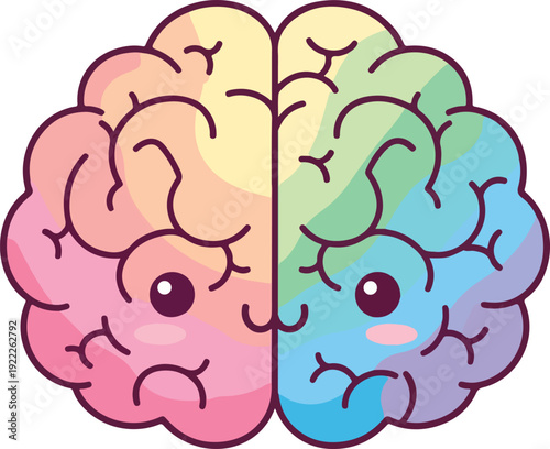 A playful brain illustration with a rainbow color scheme, expressing different emotions on each side, perfect for mental health and educational content