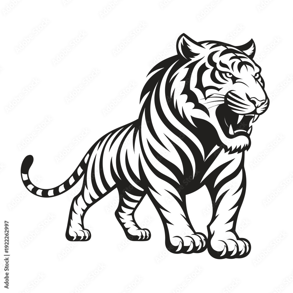 Fototapeta premium Powerful Majestic Tiger Roaring Black and White Vector
