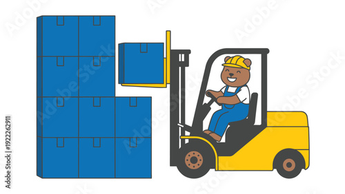 Cartoon bear driving a forklift, stacking blue boxes. Warehouse logistics and material handling illustration.