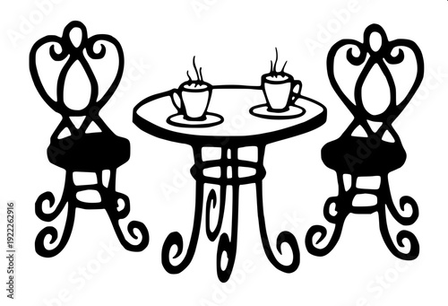 Minimalist black silhouette illustration of an outdoor café setup, striped patio umbrella with hanging lanterns, small round table with coffee cup and potted plant, two modern chairs facing each other