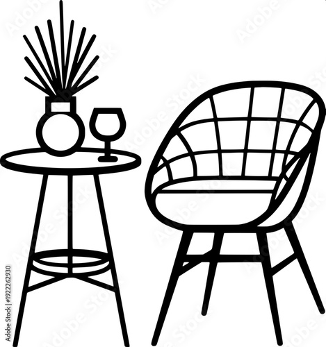 Minimalist black silhouette illustration of an outdoor café setup, striped patio umbrella with hanging lanterns, small round table with coffee cup and potted plant, two modern chairs facing each other
