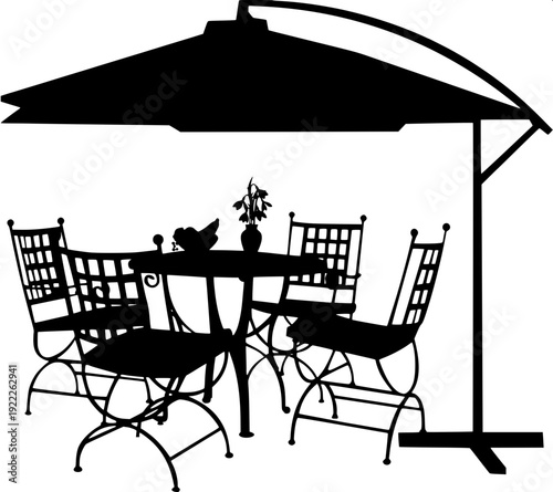 Minimalist black silhouette illustration of an outdoor café setup, striped patio umbrella with hanging lanterns, small round table with coffee cup and potted plant, two modern chairs facing each other