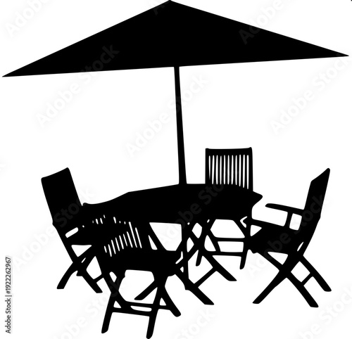 Minimalist black silhouette illustration of an outdoor café setup, striped patio umbrella with hanging lanterns, small round table with coffee cup and potted plant, two modern chairs facing each other