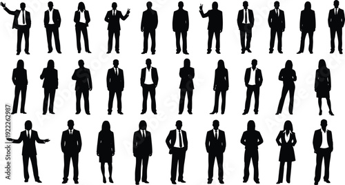 Collection of professional business people silhouettes wearing suits standing in various poses including corporate men and women for office vector designs