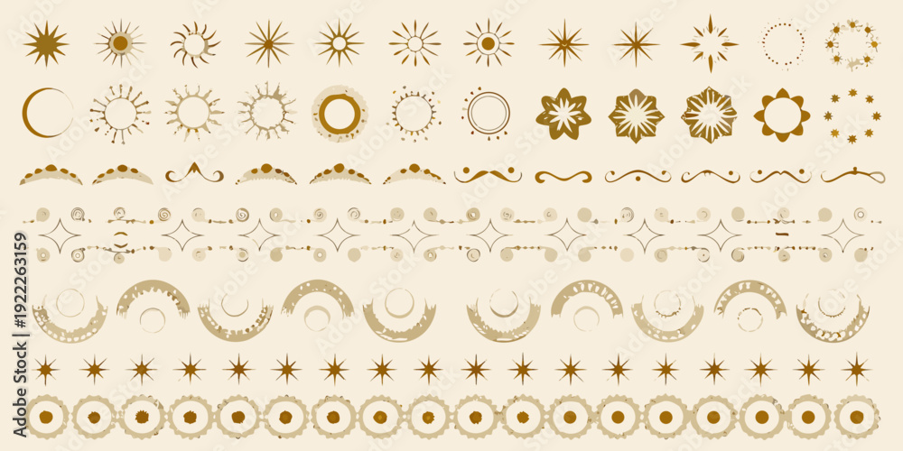 Fototapeta premium Collection of decorative golden sunbursts stars and ornate design elements