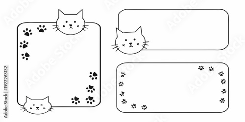 Simple black and white frames featuring cute cat faces and paw prints