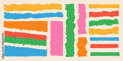 Abstract composition of torn paper strips in vibrant contrasting colors