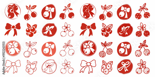 Repeating pattern of red cherries bows and floral elements