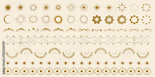 Collection of decorative golden sunbursts stars and ornate design elements