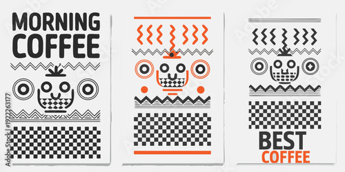 Stylized coffee illustrations with abstract patterns and playful faces