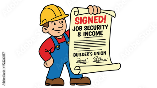 Happy Construction Worker Holding Signed Union Contract for Job Security and Income