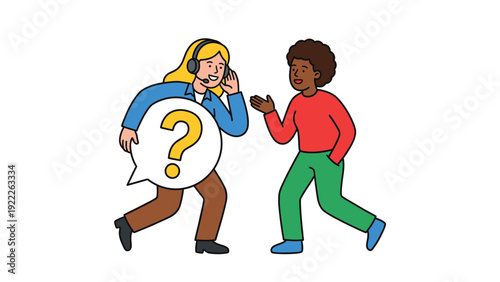Customer support and communication concept. Helpdesk agent with headset and question mark assisting a client.