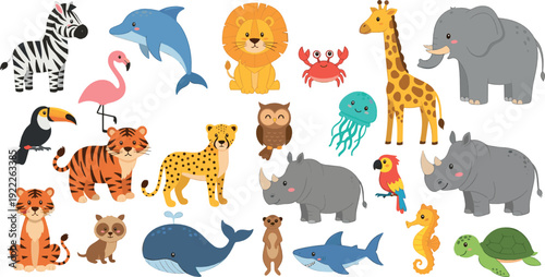 Cute cartoon animals set with safari jungle and ocean wildlife including lion elephant whale shark and giraffe playful vector illustration for kids designs