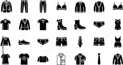 Comprehensive Collection of Modern Clothing and Fashion Accessory Icons Featuring Apparel Footwear Underwear and Formal Wear Symbols for Retail Design