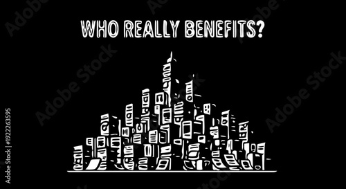 Exploring the uneven distribution of benefits and resources within a complex urban or societal structure, questioning who truly prospers from collective endeavors