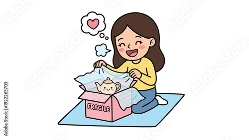 Happy Woman Unboxing Fragile Teapot from Package. Joyful Unwrapping of a Delicate Gift.