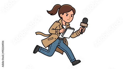 Dynamic female reporter cartoon running with microphone and notepad, focused on news coverage.