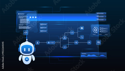 AI workflow automation artificial intelligence. ai agent workflow assistant diagram dashboard machine learning showing code panels, processing system, and automation steps system.