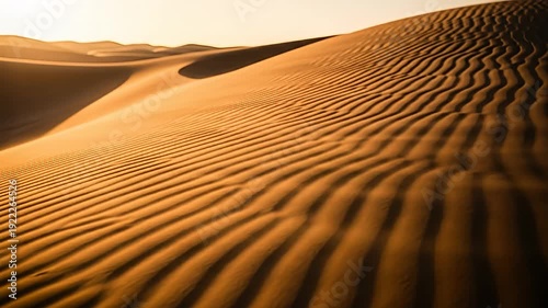 Serene desert landscape at sunset, showcasing undulating sand dunes with gentle shadows