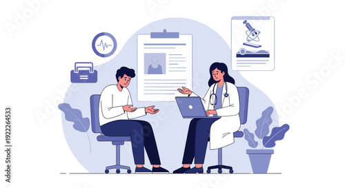 Female doctor using a laptop while consulting with a worried male patient in a medical office with charts and medical icons.