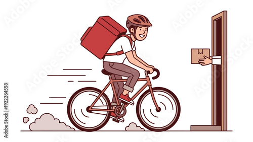 Fast Bicycle Delivery Rider Bringing Package to Door. Quick Urban Courier Service Illustration.