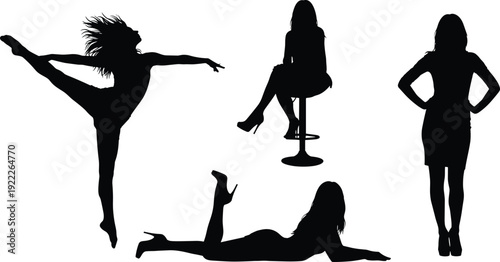 Woman silhouette collection set, female poses dancing sitting standing lying vector illustration isolated on white background