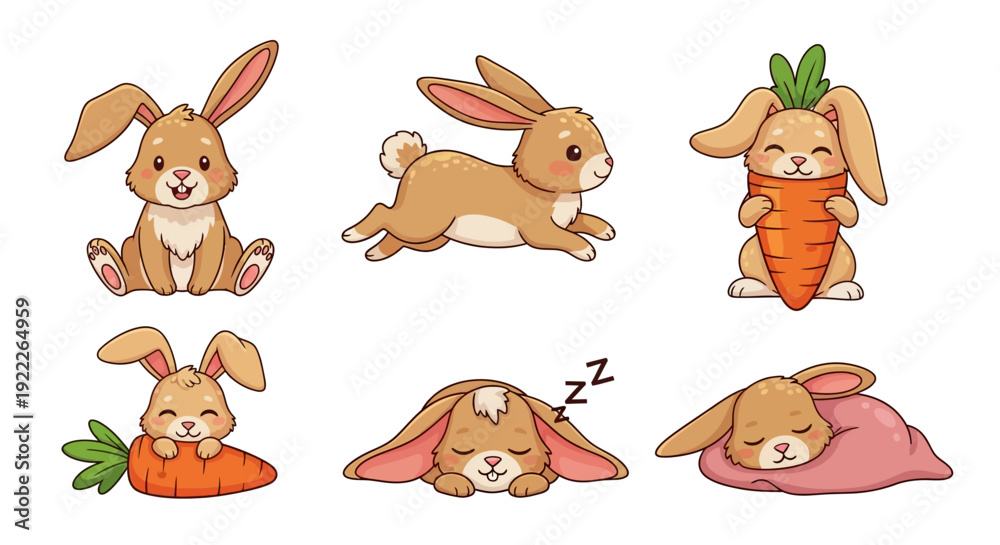 Fototapeta premium Adorable rabbit resting and playing with carrots in a serene environment from various viewpoints