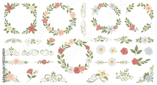 Collection of floral wreaths and decorative elements in various designs and arrangements