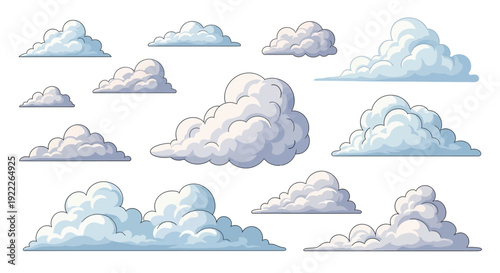 Collection of cartoon-style clouds in various shapes and sizes floating in the air, Weather, Clouds, Illustration, Sky, Atmosphere