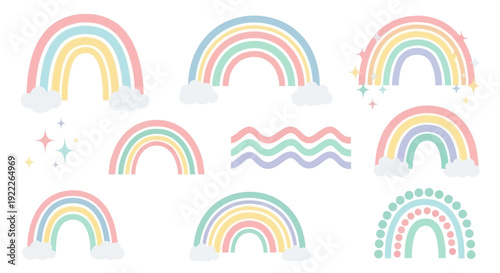 Rainbow collection in various styles and designs, featuring pastel colors and decorative elements, on a simple background