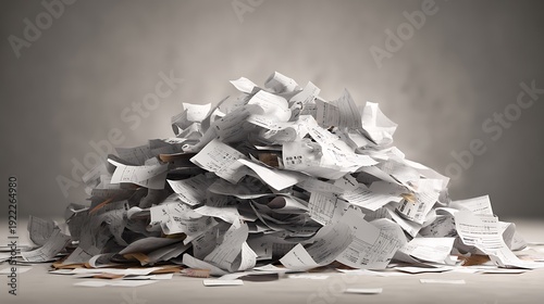 Large, messy pile of receipts and documents against a blurred gray background