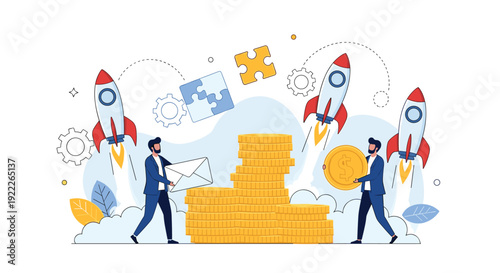 Startup business concept with rockets launching while businessmen carry money coins and envelopes near stacks of gold.