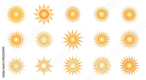 Collection of various sun icons in different styles and designs displayed together