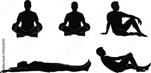 Set of Male Silhouettes in Various Relaxing Poses Including Meditating Sitting Reclining and Lying Down for Wellness and Mindfulness Design