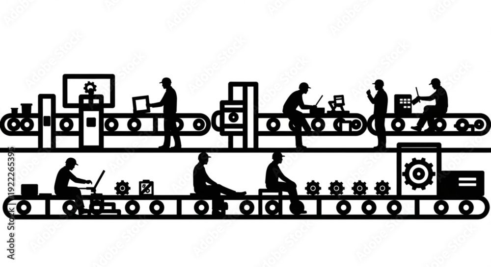 Obraz premium Workers on assembly lines performing various tasks in an industrial setting from a side viewpoint
