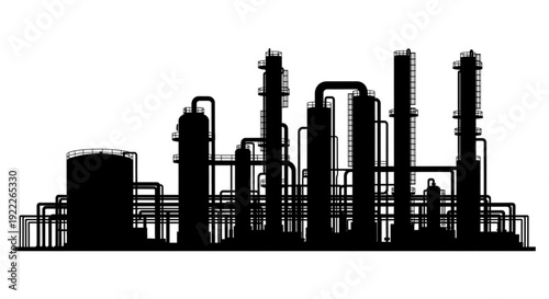 Industrial facility silhouette with pipes and tanks viewed from the side at dusk