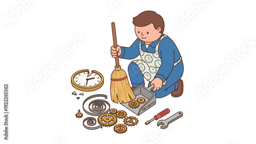 Cartoon repairman sweeping broken clock parts, gears, and springs with tools. Time management and repair concept.