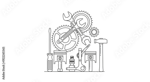 Mechanical components assembled on workbench with various tools and machinery parts visible from a front view