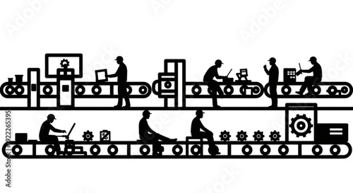 Workers on assembly lines performing various tasks in an industrial setting from a side viewpoint