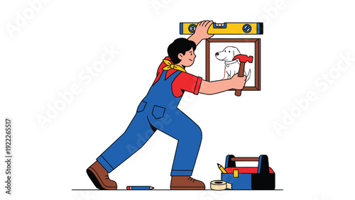 Home Improvement DIY: Person hanging and leveling a framed dog picture with hammer and spirit level.