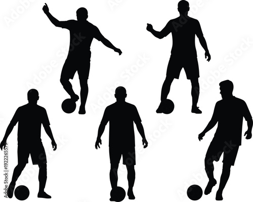 Soccer player dribbling and controlling ball silhouettes, football athlete action poses vector illustration isolated collection